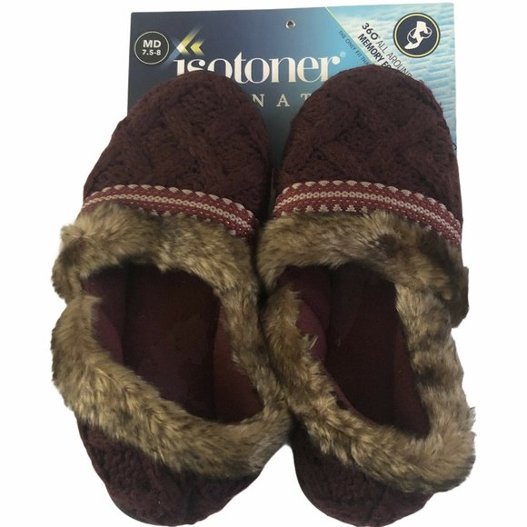Isotoner Signature 7.5 - 8 Burgundy Sweater Slippers faux fur memory foam #SL33